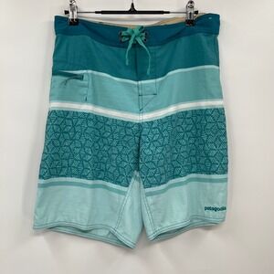 Patagonia Mens Board Shorts Turquoise Green Geometric Swim Trunks‎ Size 31